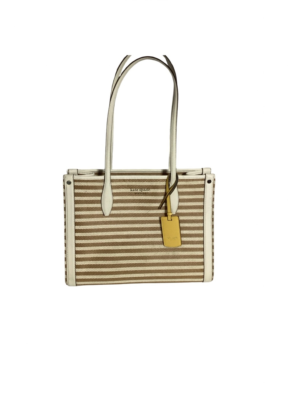 Kate Spade Market Stripe Medium Parchment Color Woven Canvas Tote Bag w/ Charm